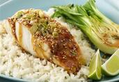 Steamed Striped Bass with Jasmine Rice and Soy Ginger Dressing