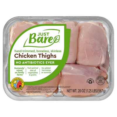 Just Bare Chicken Thighs, Skinless, Boneless 20 Oz