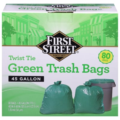 First Street - First Street, Green Trash Bags, Twist Tie, 45 Gallon (80  count)