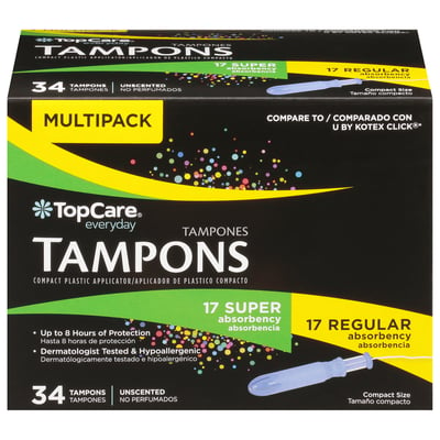 TopCare - TopCare, Everyday - Tampons, Compact Plastic Applicator, Super/ Regular Absorbency, Unscented, Multipack (34 count), Shop