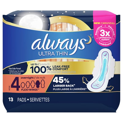 Always - Always, Pads, Ultra Thin, Flexi-Wings, Overnight, Size 4