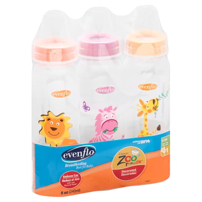 Evenflo Classic Zoo Friends Bottles, Slow Flow, Decorated, 8 oz, 1 0-3 m - 3 bottles