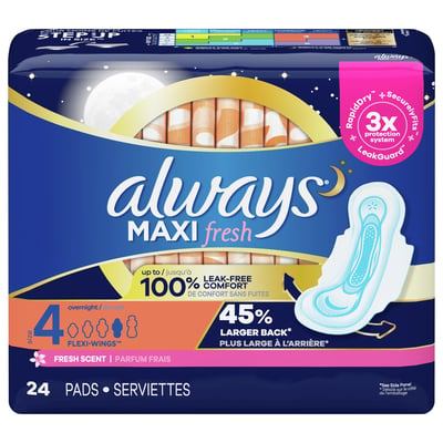 Always - Always, Maxi Fresh - Pads, Fresh Scent, Flexi-Wings, Overnight,  Size 4, Bag (24 count), Shop