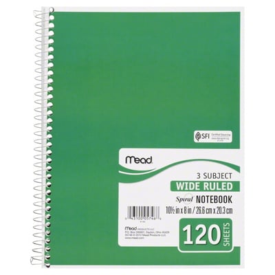 Mead - Mead Notebook, Spiral, 3 Subject, Wide Ruled, 120 Sheets | Shop ...