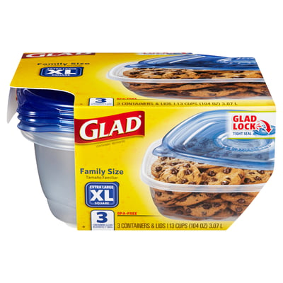 Glad Containers & Lids, Extra Large Square, Family Size, 13 Cups - 3 containers & lids