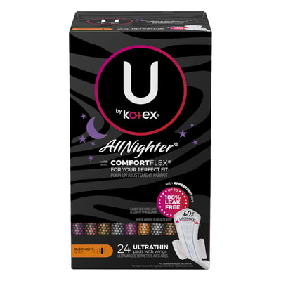 U By Kotex Allnighter Ultra Thin Overnight Pads with Wings, Extra Heavy  Flow, 24 Count