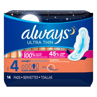 Always - Always, Pads, Ultra Thin, Flexi-Wings, Overnight, Size 4 (14  count), Shop
